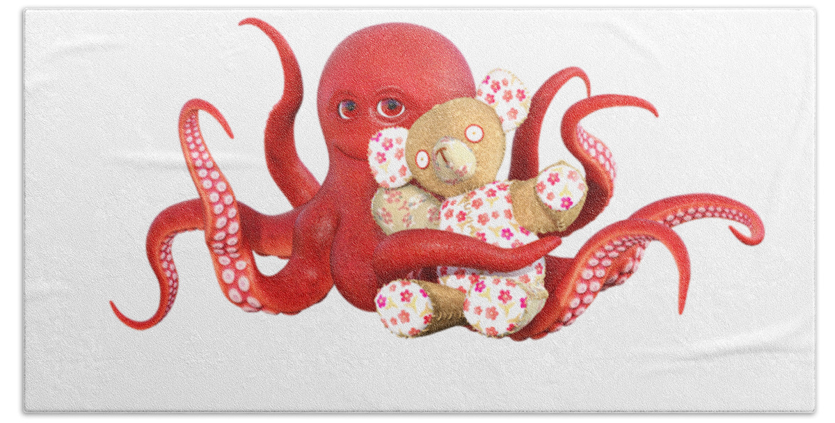 Octopus Hand Towel featuring the digital art Octopus Red with Bear by Betsy Knapp