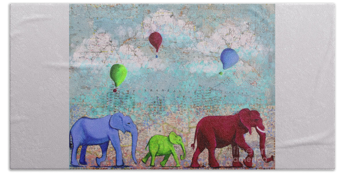 Elephant Hand Towel featuring the mixed media Oh The Places You'll Go by Lisa Crisman