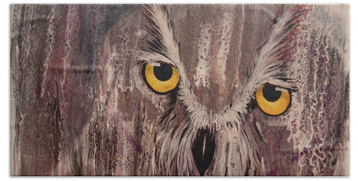 Owl Hand Towel featuring the painting OL Rainy Day Owl by Laurel Bahe