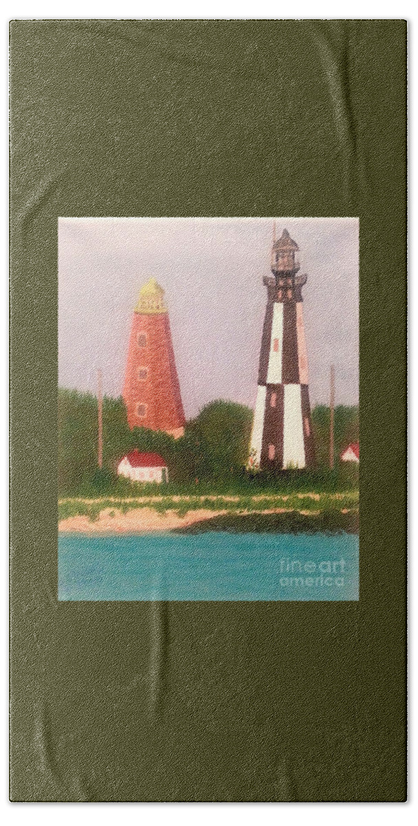 Original Bath Towel featuring the painting Old and New Cape Henry Lighthouses, Virginia by Elizabeth Mauldin