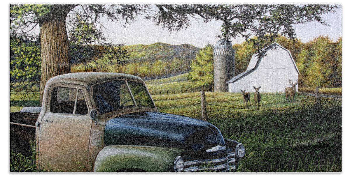 Old Truck Hand Towel featuring the painting Old Farm Truck by Anthony J Padgett