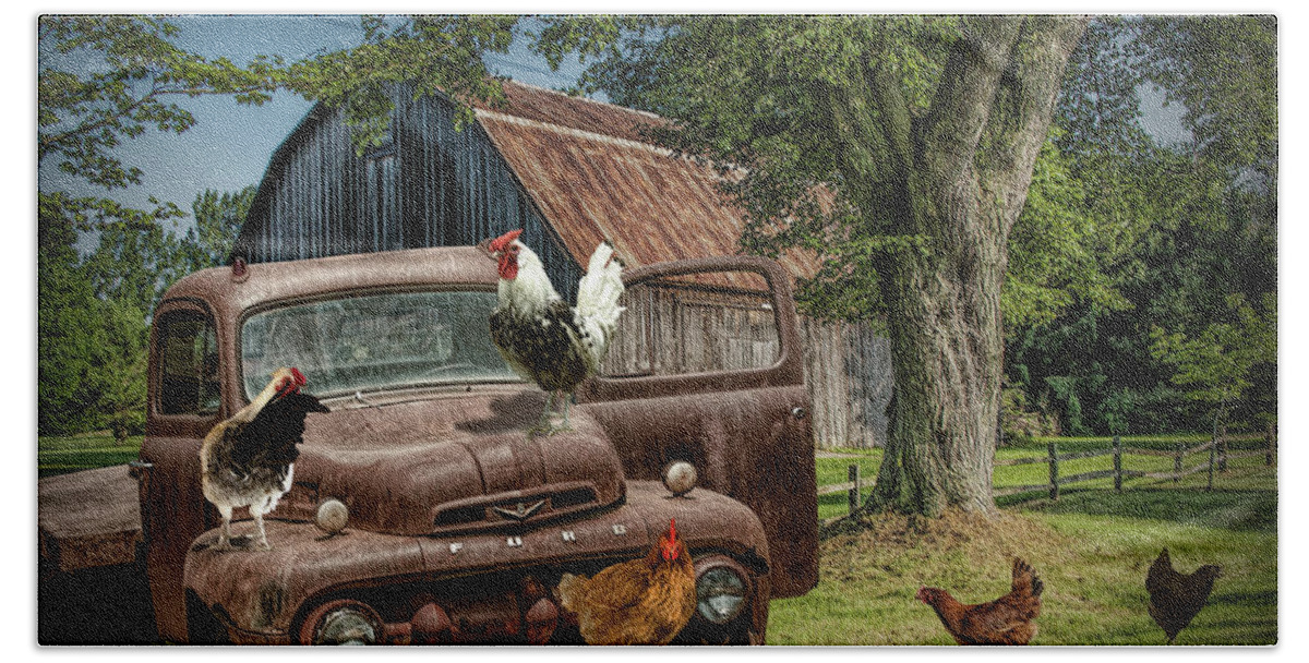 Landscape Hand Towel featuring the photograph Old Vintage Ford Truck with Free Range Chickens on on a West Mich by Randall Nyhof