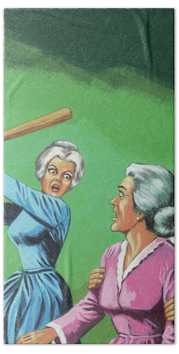 Adult Hand Towel featuring the drawing Older Woman with a Bat Attacking a Couple by CSA Images