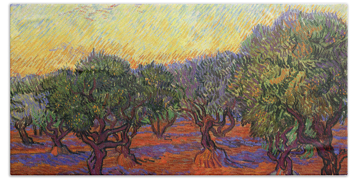 Vincent Van Gogh Bath Towel featuring the painting Olive Trees Orange Sky by Vincent van Gogh