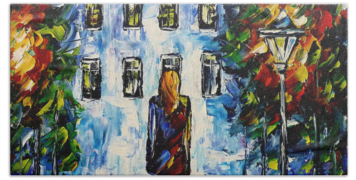 Nightly Scenery Bath Towel featuring the painting On The Way Home by Mirek Kuzniar