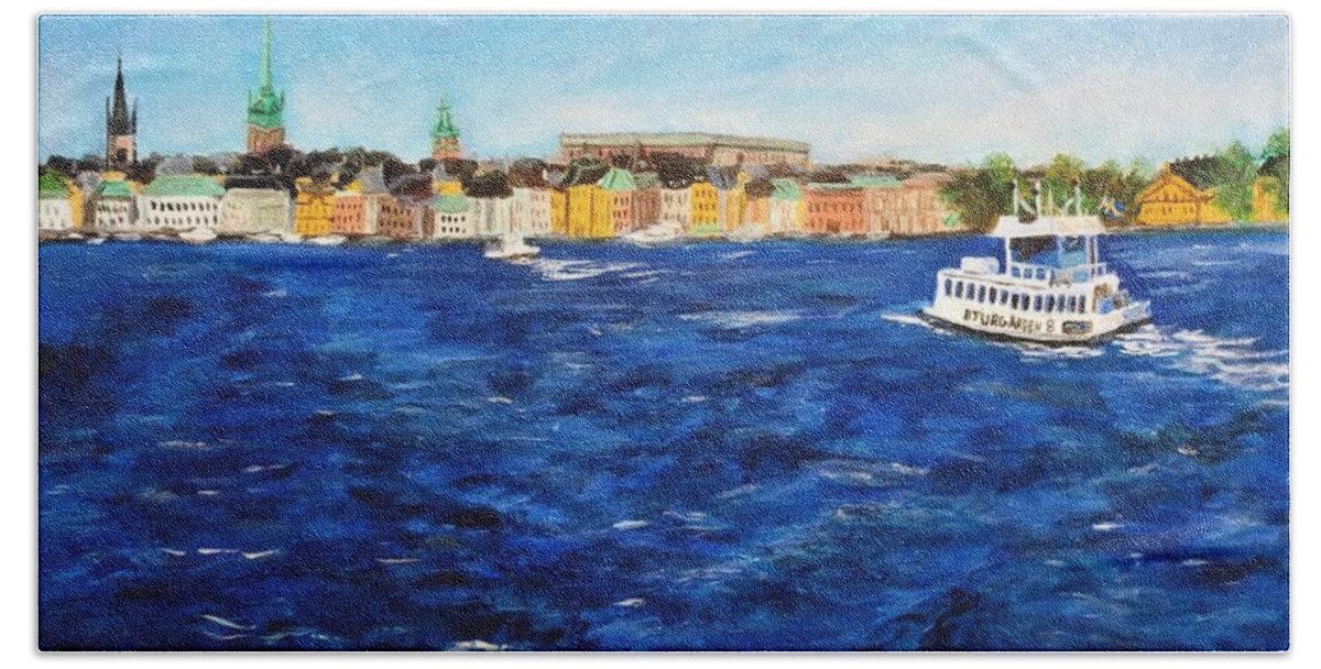 Sweden Bath Towel featuring the painting On the Way to Gamla Stan, Stockholm, Sweden by C E Dill