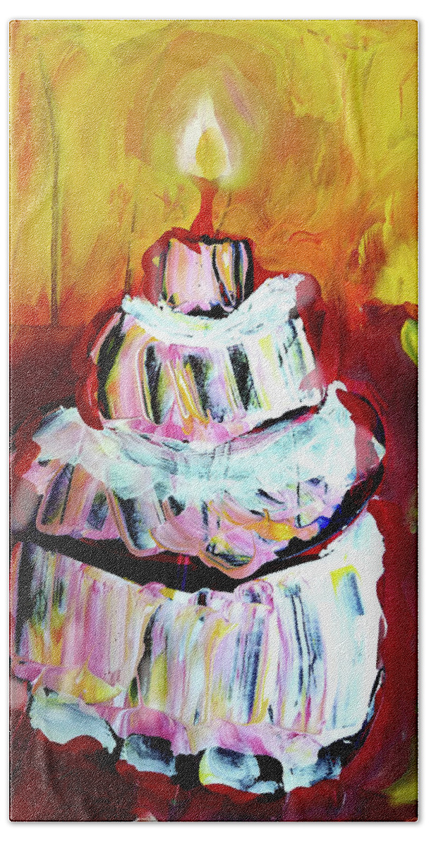 Cake Bath Towel featuring the painting One candle by Tilly Strauss