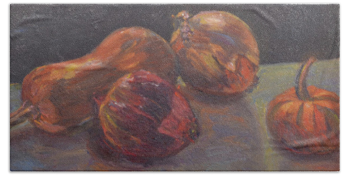 Still Life Hand Towel featuring the painting Onions and Squash by Beth Riso