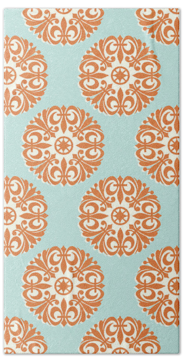Background Hand Towel featuring the drawing Orange Fleur De Lis Pattern on Blue Background by CSA Images
