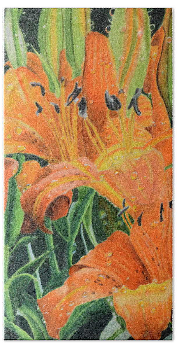 Color Pencil Bath Towel featuring the painting Orange Lilly's by Wade Clark