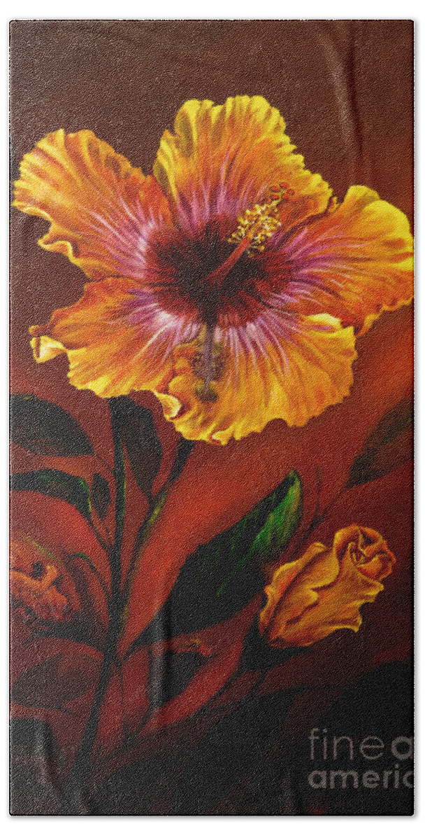 Hibiscus Hand Towel featuring the painting Orange painted hibiscus by Zina Stromberg