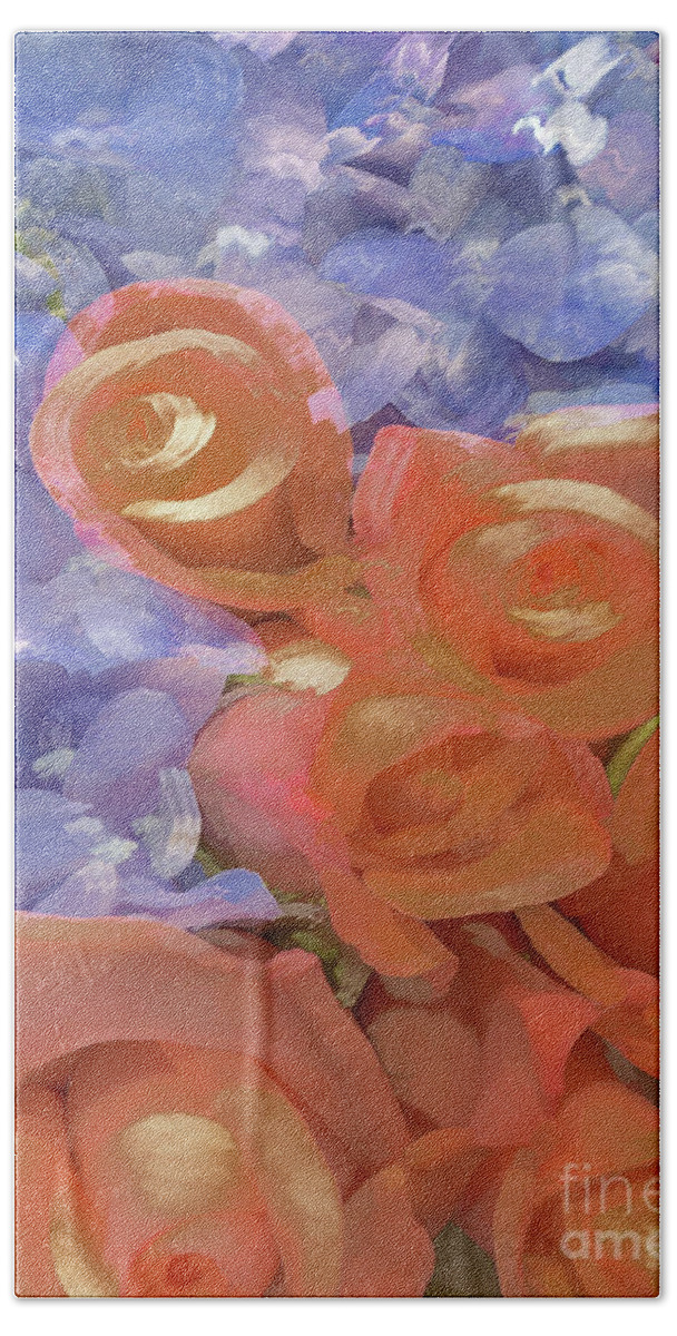 Abstract Hand Towel featuring the photograph Orange rose and blue flower pastel by Phillip Rubino