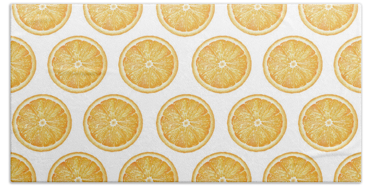 Orange Hand Towel featuring the mixed media Orange Slice Pattern 1 - Tropical Pattern - Tropical Print - Lemon - Orange - Fruit - Tangerine by Studio Grafiikka