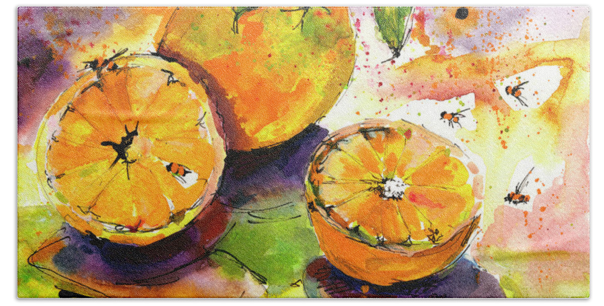 Oranges Hand Towel featuring the painting Oranges and Bees Watercolors by Ginette Callaway