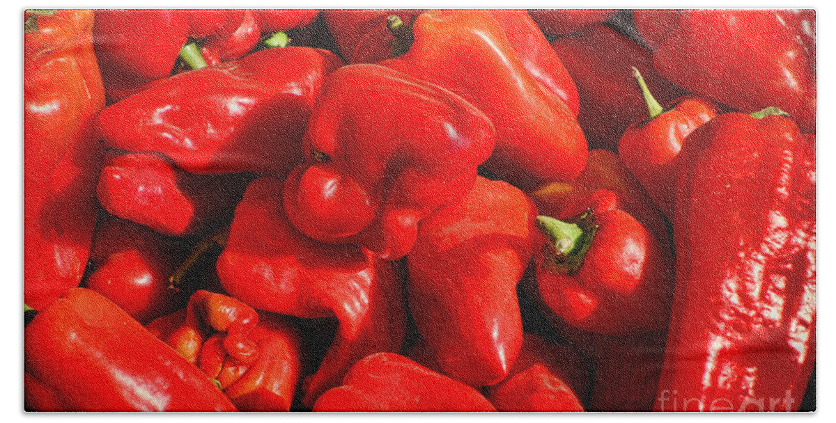 Red Bath Towel featuring the photograph Organic Red Peppers by Olivier Le Queinec