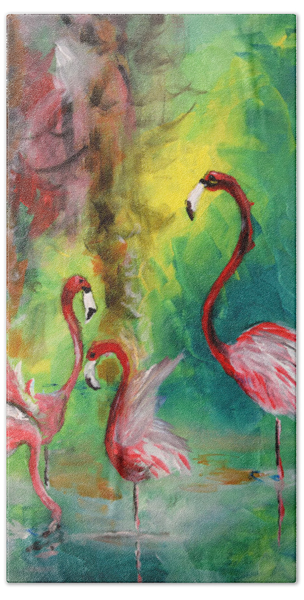 Flamingos Bath Towel featuring the painting Original Flamingo Dancers by Gary Smith