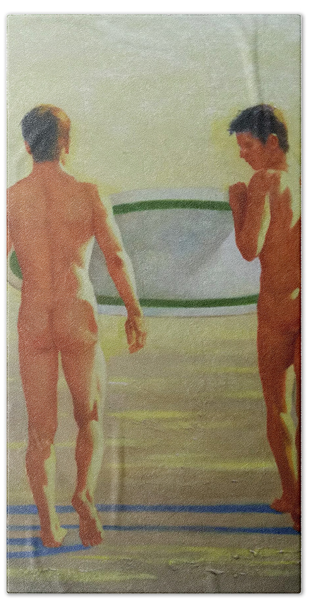 Original Hand Towel featuring the painting Original Man Body Oil Painting Gay Art -two Male Nude By The Sea#16-2-3-02 by Hongtao Huang