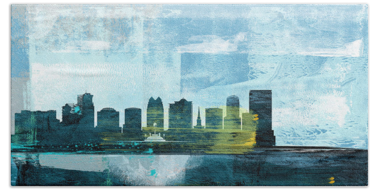 Orlando Bath Towel featuring the mixed media Orlando Abstract Skyline I by Naxart Studio