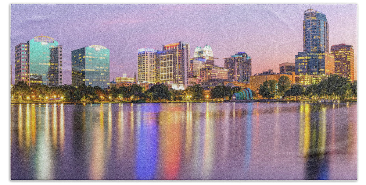 America Hand Towel featuring the photograph Orlando Florida Skyline Reflections on Lake Eola by Gregory Ballos
