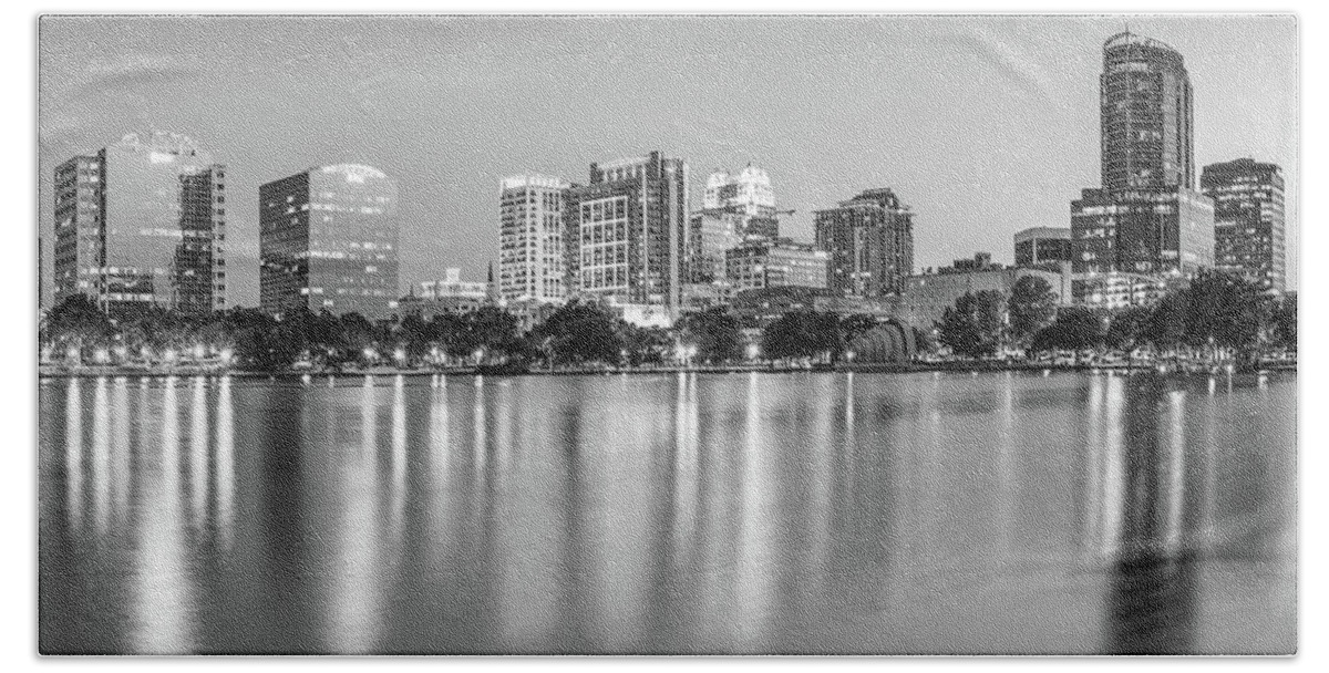 America Hand Towel featuring the photograph Orlando Florida Skyline Reflections on Lake Eola - Monochrome Edition by Gregory Ballos