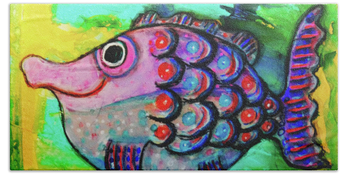 Fish Bath Towel featuring the mixed media Oscar The Nosefish by Mimulux Patricia No