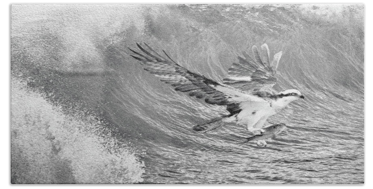 Osprey Hand Towel featuring the photograph Osprey The Catch BW by Laura D Young