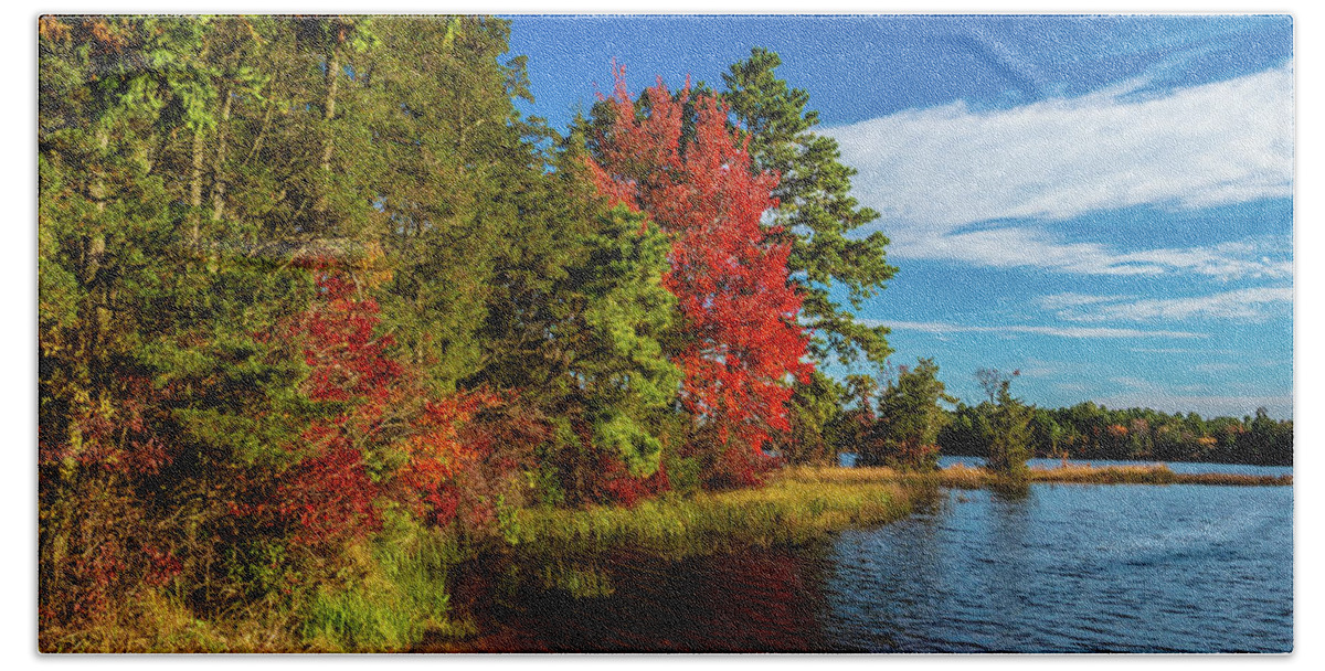 Fall Bath Towel featuring the photograph Oswego Lake Pinelands by Louis Dallara