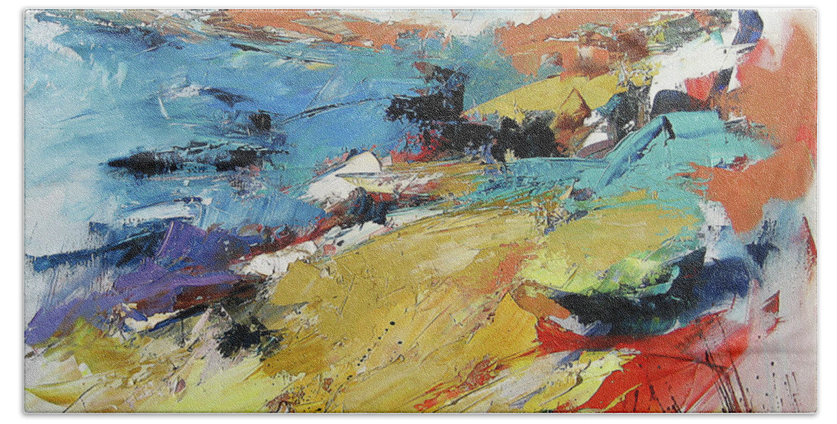 Over The Hills And Far Away Bath Towel featuring the painting Over the Hills and Far Away by Elise Palmigiani