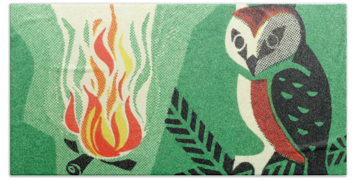 Animal Hand Towel featuring the drawing Owl and campfire by CSA Images