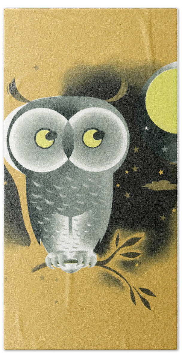 Afraid Hand Towel featuring the drawing Owl and Full Moon by CSA Images