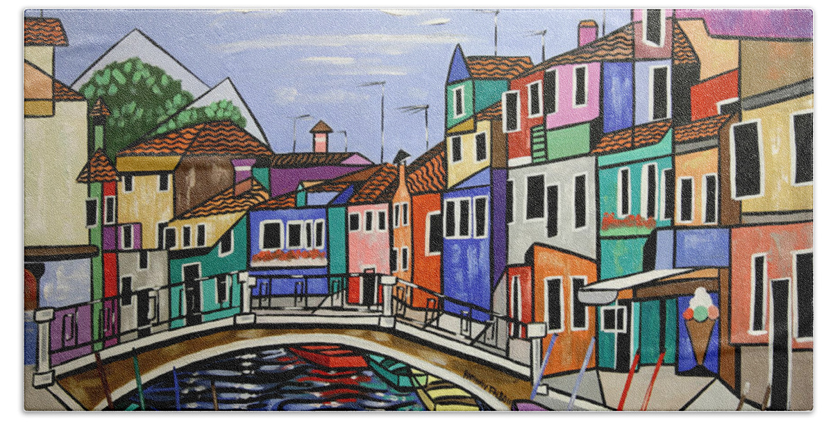 Cubism Bath Towel featuring the painting Painted Buildings burano Venice by Anthony Falbo