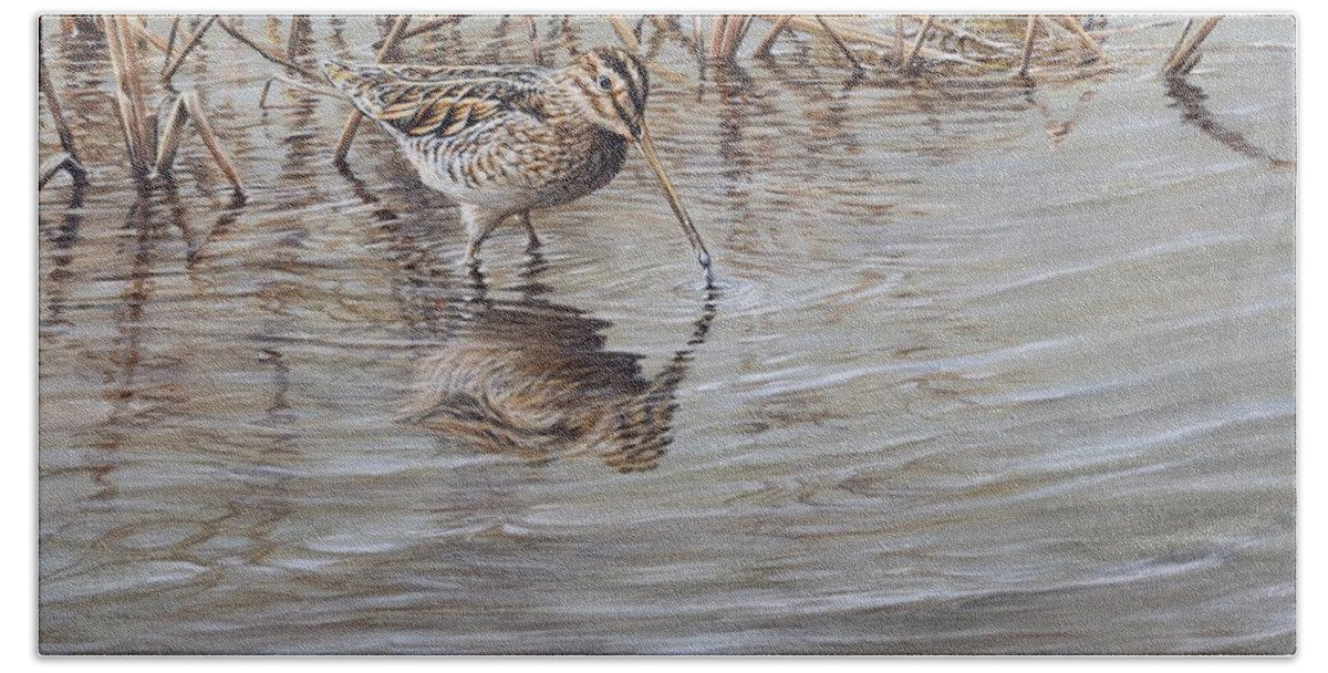 Snipe Bath Towel featuring the painting Pair of Snipe by Alan M Hunt by Alan M Hunt