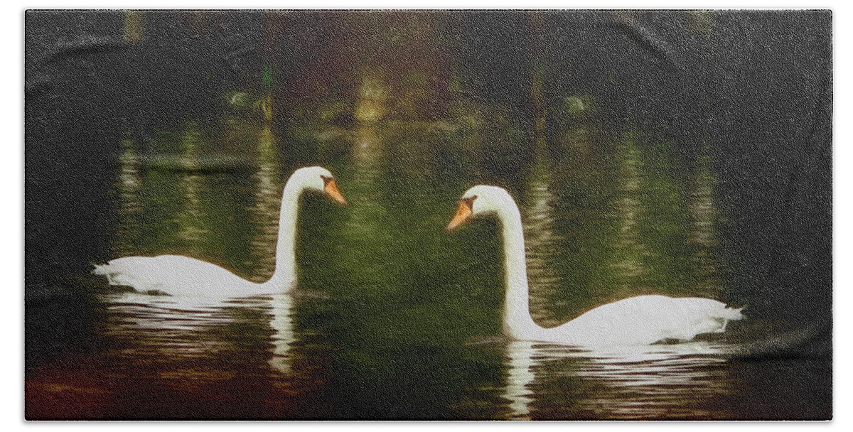 Swans Bath Towel featuring the digital art Pair of Swans by Barry Wills
