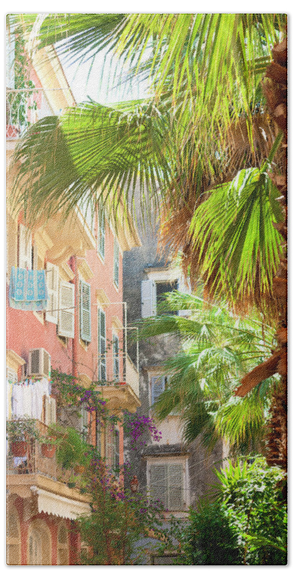City Bath Towel featuring the photograph Palm and city by Anna Kluba