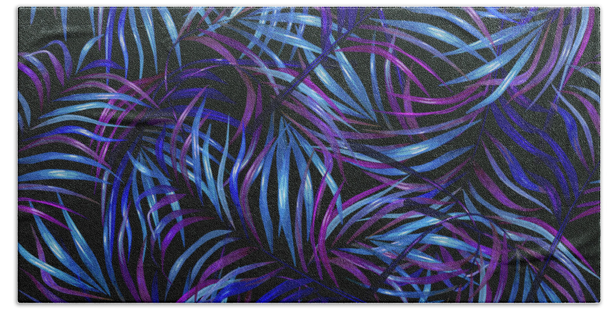 Palm Hand Towel featuring the mixed media Palm Leaf Pattern 4 - Tropical Leaf Pattern - Blue, Purple, Violet - Tropical, Botanical Design by Studio Grafiikka