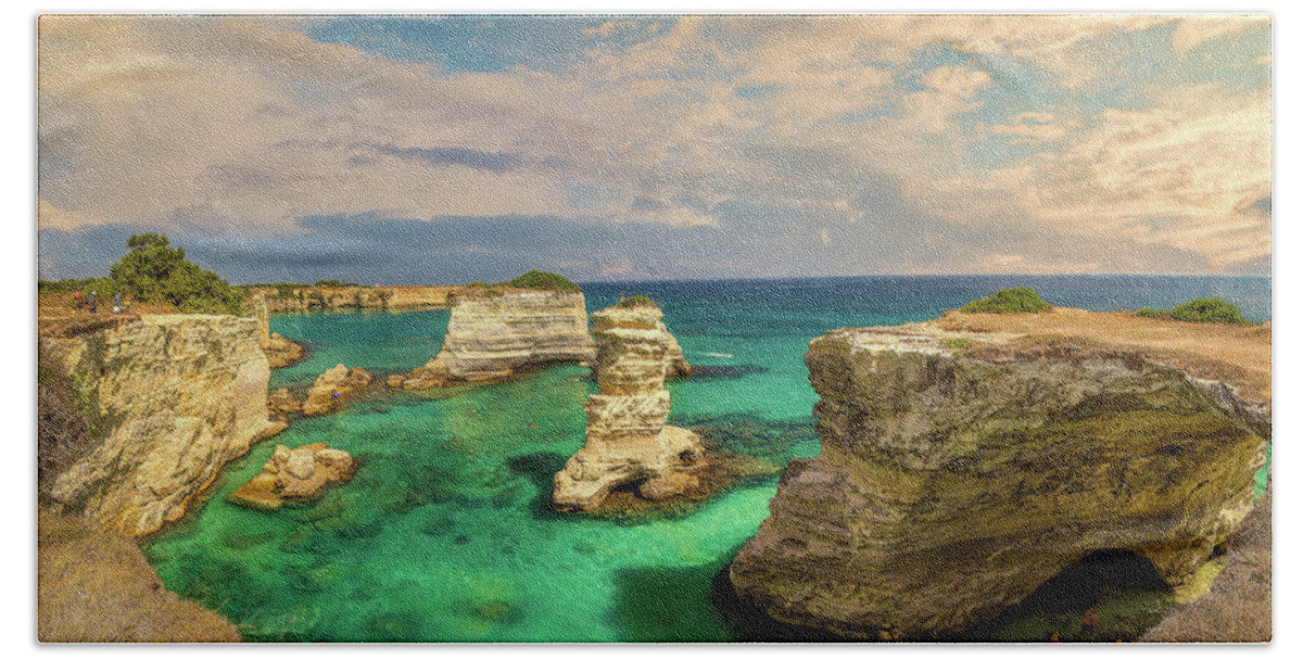 Italy Bath Towel featuring the photograph Panoramic view of stacks of Salento in Italy by Vivida Photo PC