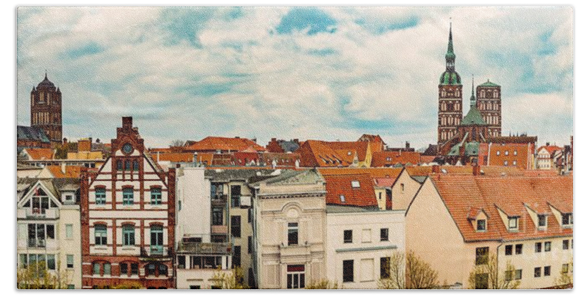 Stralsund Bath Towel featuring the photograph Panoramic view of Stralsund, Germany. by Michal Bednarek