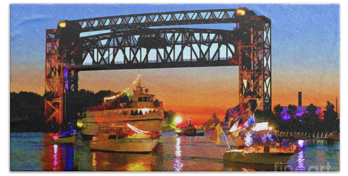 Parade Of Lighted Boats Hand Towel featuring the digital art Parade of Lighted Boats by Mark Madere