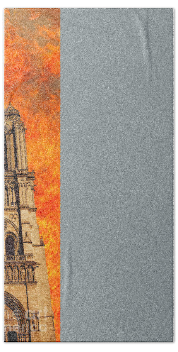 Fire Bath Towel featuring the photograph Paris Notre Dame church on fire by Benny Marty