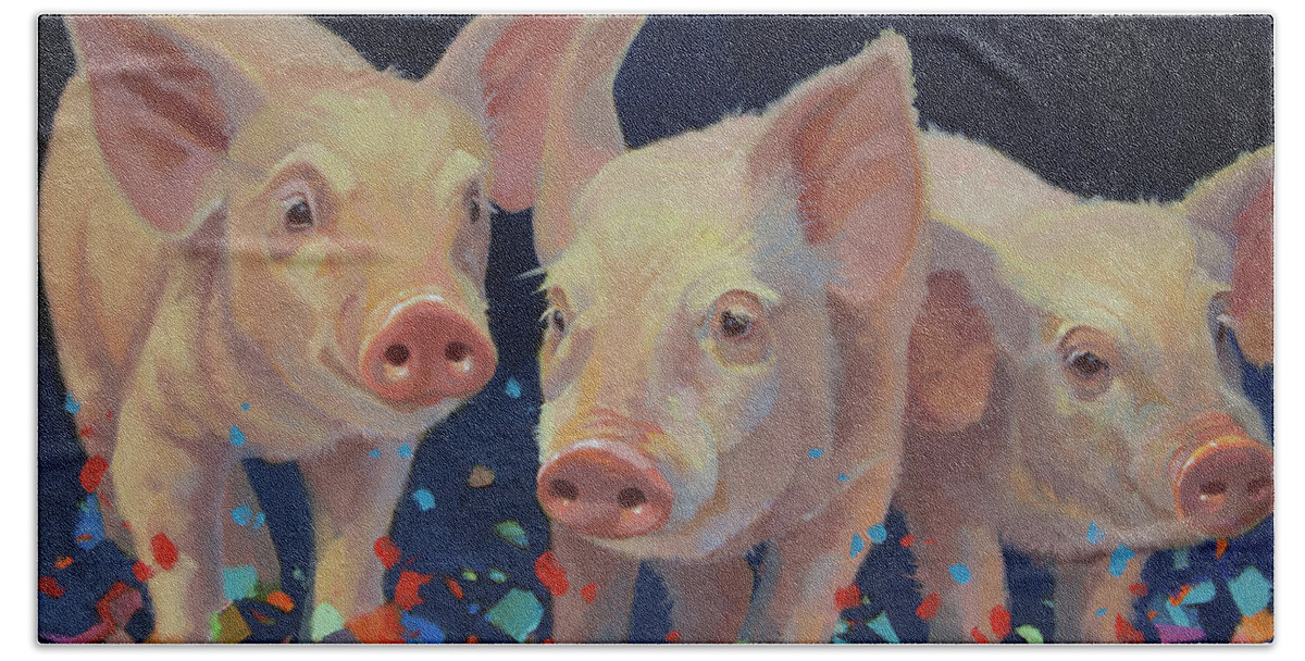 Farm Animals Hand Towel featuring the painting Party Pigs by Carolyne Hawley