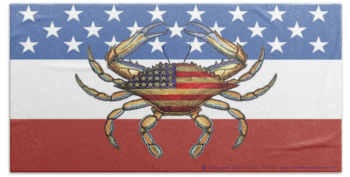 Charles Harden Hand Towel featuring the photograph Patriotic Crab on American Flag by Charles Harden