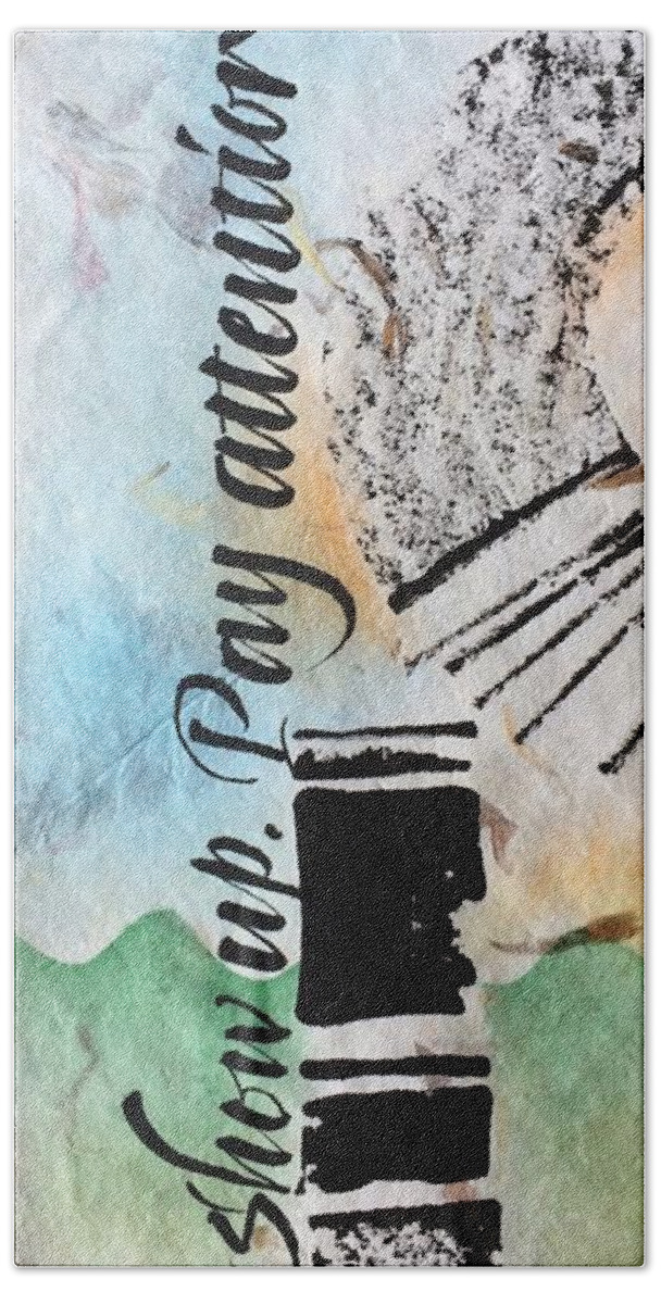Sumi Ink Brush Calligraphy Hand Towel featuring the drawing Pay Attention by Sally Penley