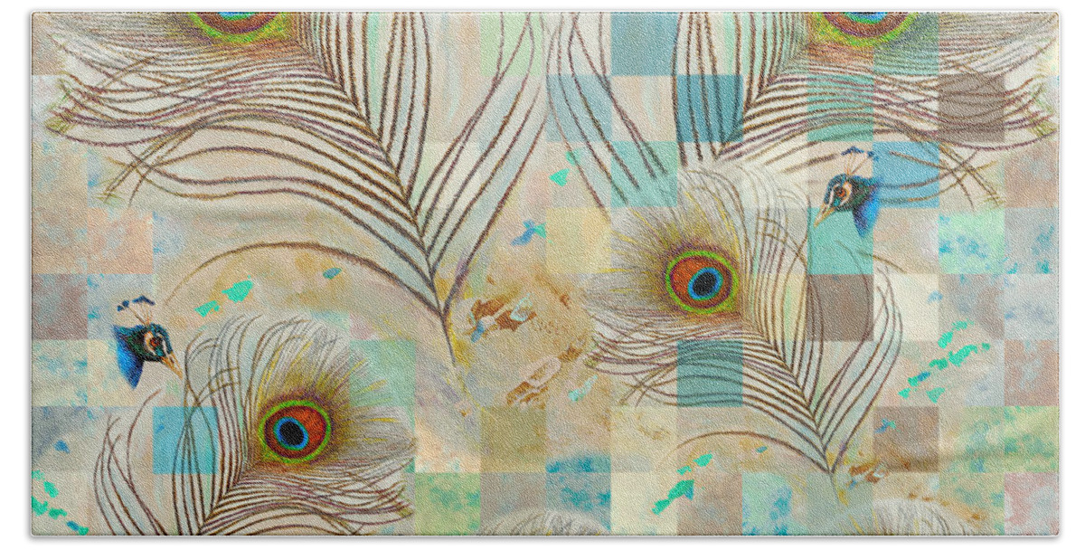 Beautiful Peacock Hand Towel featuring the mixed media Peacock Fascination Feathers and Faces by Nancy Lee Moran