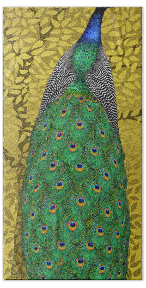 Peacock In Tree Bath Towel featuring the painting Peacock in Tree, Golden Ochre, Tall by David Arrigoni