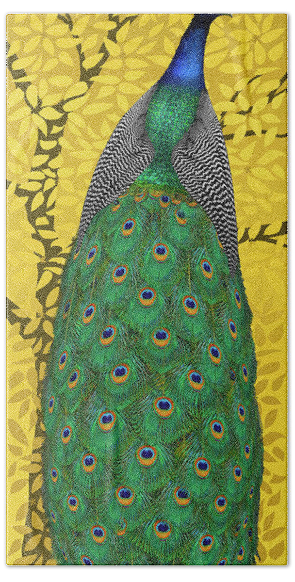 Peacock In Tree Hand Towel featuring the painting Peacock in Tree, Naples Yellow, Tall by David Arrigoni