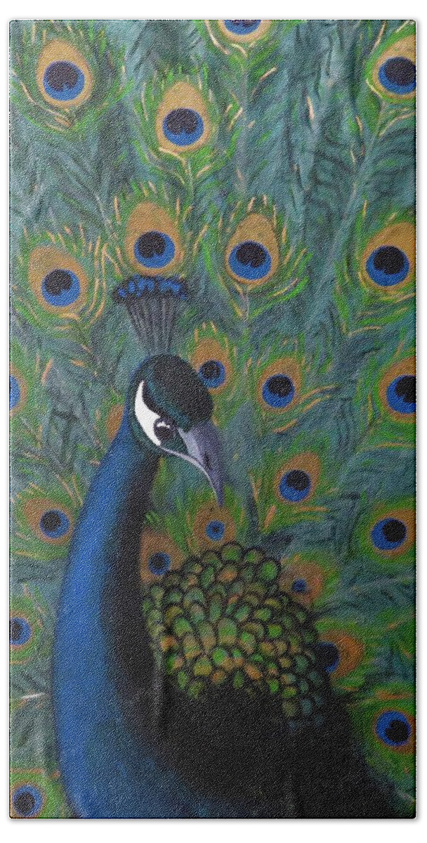 Peacock Hand Towel featuring the painting Peacock by Joan Stratton