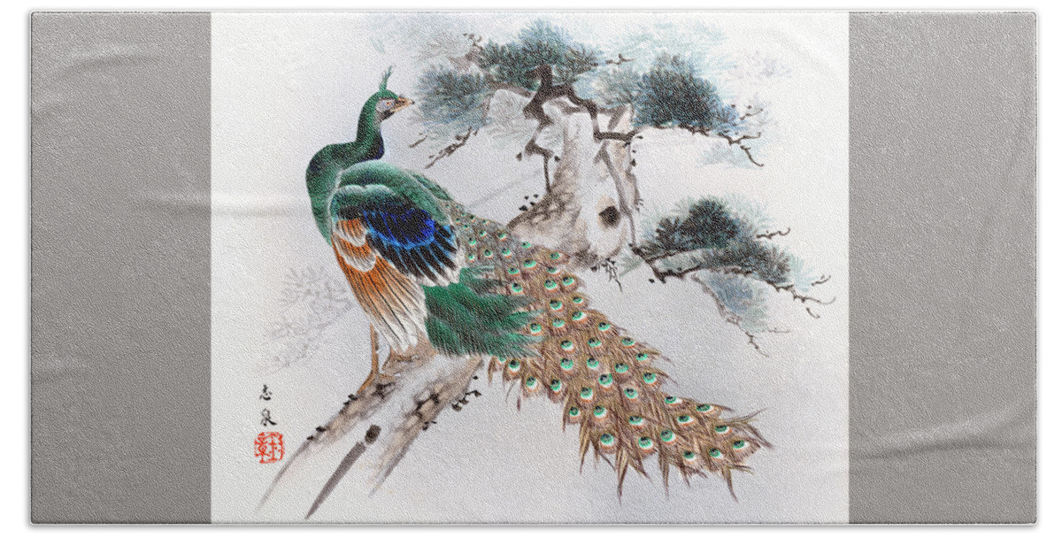 Japan Hand Towel featuring the painting Peacock by Shisen