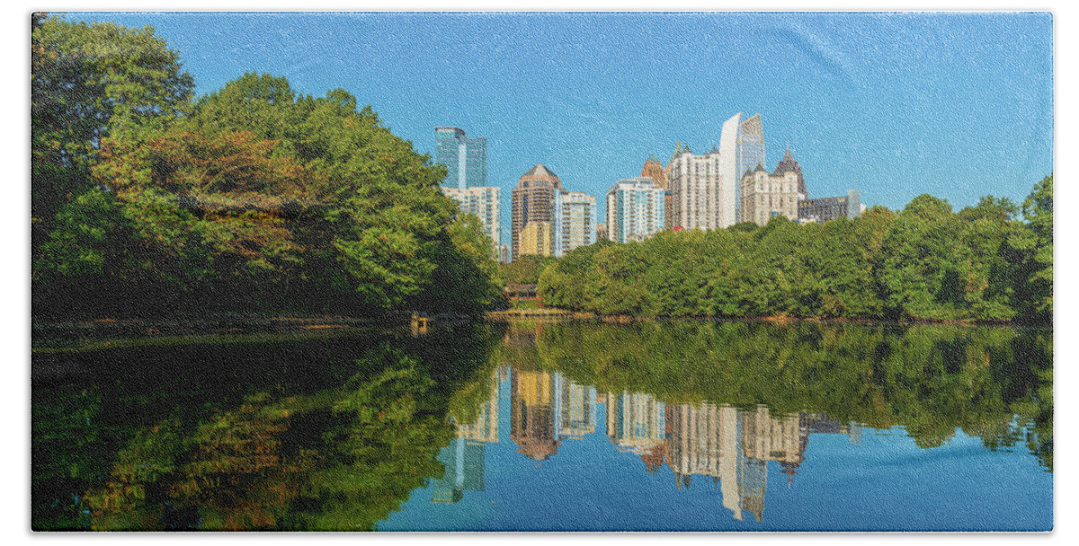 Outdoor; Travel; Georgia; South; Lake; Park; Cityscape; Pedimont; Pedimont Park; Georgia State; South East; High-rise; Reflection; Tree; Falls Hand Towel featuring the digital art Pedimont Park, Atlanta by Michael Lee