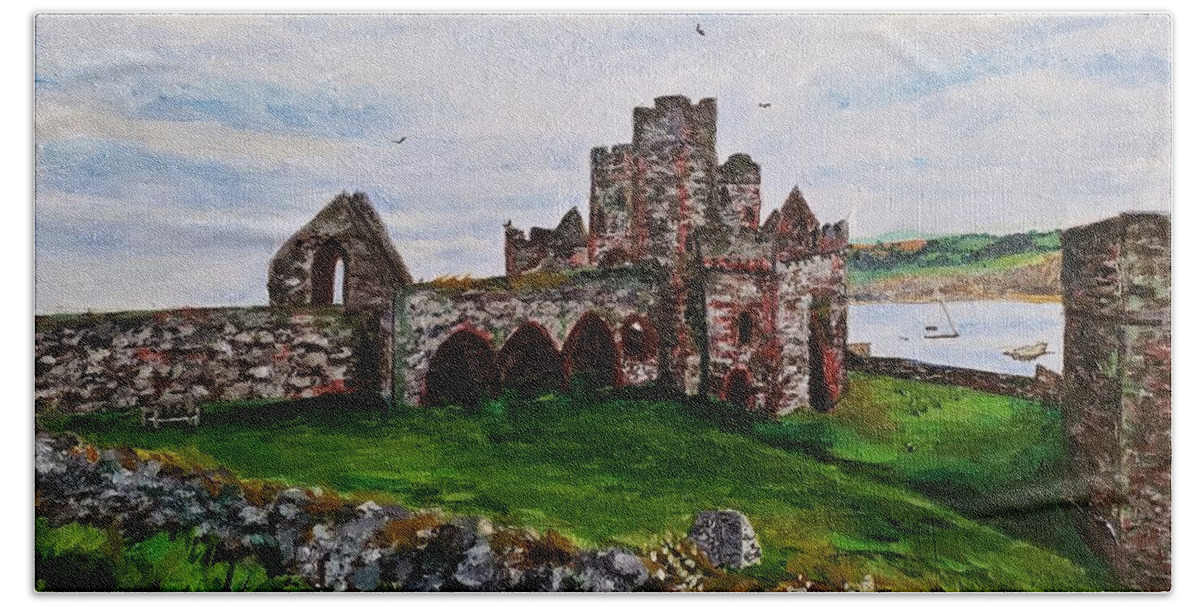 Castle Hand Towel featuring the painting Peel Castle, Isle of Man by C E Dill