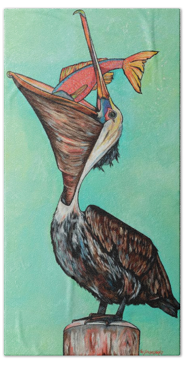 Pelican Hand Towel featuring the painting Pelican on The Edge by Patti Schermerhorn